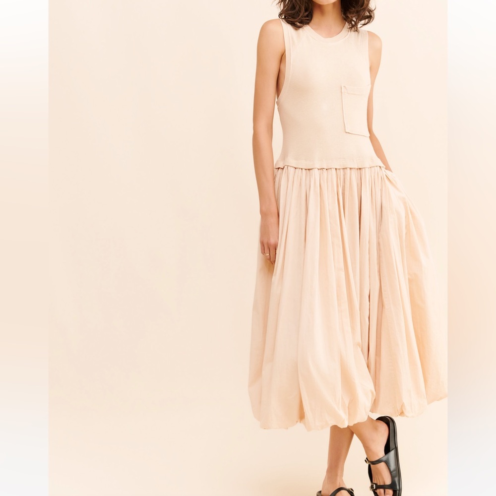 Free People Calla Lily Mixed Media Maxi Dress Pockets Drop Waist Bubble Skirt - Picture 16 of 16